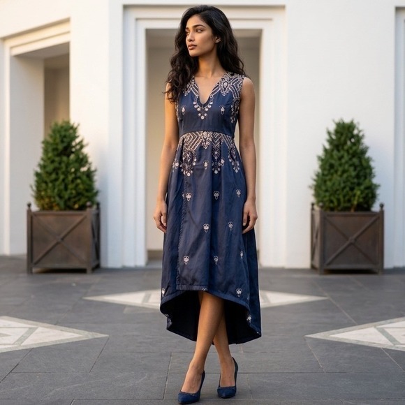 Jojifuku Dresses & Skirts - Custom Silk Navy Blue Embroidered High Low Midi Dress with Sequin Accents V-Neck